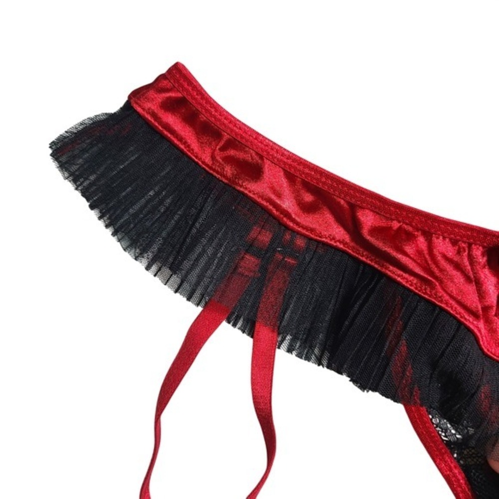 Oh La La Cheri Tres Sexy Red Black Satin Womens Panties‎ L Thong Lace Ruffles - Picture 3 of 5